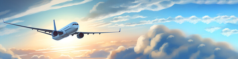 illustration Passenger plane flies in blue sky with white clouds with copy space. The concept of airline companies, travel and passenger transportation. Long minimalistic banner. Generative AI.