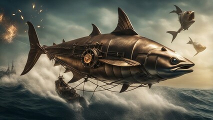 Wall Mural - fish in the water     A dynamic scene of a steampunk tuna fish, with wires, propellers, and guns,  