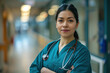© Artem - A portrait of a female health care medical worker, blurred background, motion blur, long exposure, bokeh. Created with Generative AI technology.