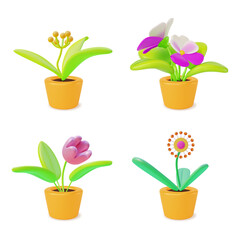 Wall Mural - 3d Houseplant Concept Pansies and Tulip in Cachepots Set Cartoon Style. Vector illustration