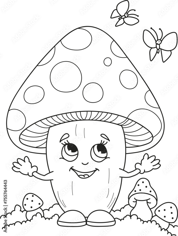 Coloring page outline of cartoon smiling cute mushroom with butterflies ...