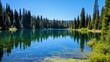 A serene, reflective lake surrounded by evergreen trees