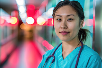 Wall Mural - A portrait of a female health care medical worker, blurred background, motion blur, long exposure, bokeh. Created with Generative AI technology.