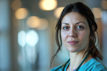 Wall Mural - A portrait of a female health care medical worker, blurred background, motion blur, long exposure, bokeh. Created with Generative AI technology.