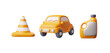 © sabelskaya - Repair transport service icon set, orange car, canister of motor oil, traffic cone realistic 3d vector automobile tools