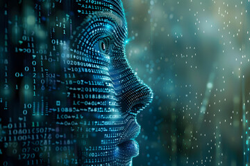 Female face with matrix digital numbers artifical intelligence AI theme with human face. Virtual reality touchscreen digital screen. dark background with computer binary code and hidden face watching