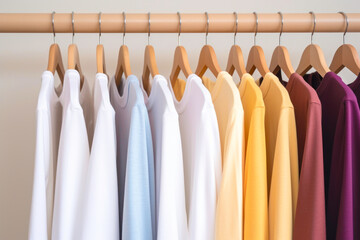 A clothing rack displays fashionable clothes in a bright and colorful closet, featuring pastel minimal color choices of trendy female wear on hangers.