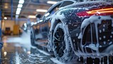 Fototapeta  - Sports car being cleaned with white foam at a car wash service