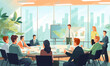Business people listening to a presentation in a conference room, corporate training vector illustration