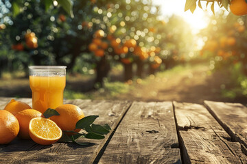 Wall Mural - Healthy orange juice in the glass on the wooden table top, sunny orange tree orchard in the background, copy space