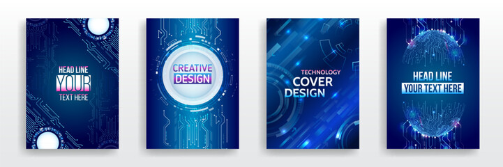 Wall Mural - Modern technology design for posters. Futuristic background for flyer, brochure. Scientific cover template for presentation, banner. Set of high-tech covers for marketing.