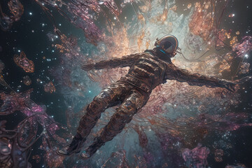 Wall Mural - Astonaut soaring in astral space in magic trip with surreal sparkles and aura.