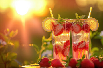 Wall Mural - Two glasses of pink lemonade with strawberries, lemon, mint and ice on the table in the garden at sunset