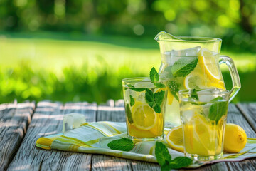 Wall Mural - Fresh homemade lemonade with lemon, mint and ice on  the table in the garden