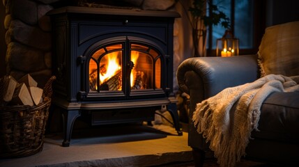 Wall Mural - A closeup of a cozy fireplace at night