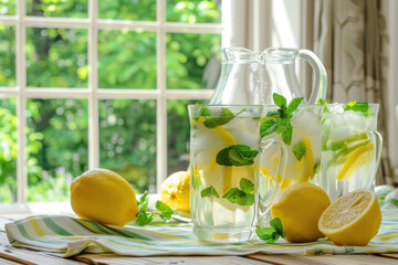 Wall Mural - Fresh homemade lemonade with lemon, mint and ice on the kitchen table next to the window