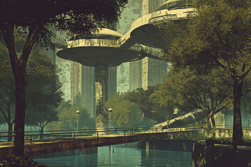 Canvas Print - Retrofuturistic landscape in mid-century sci-fi style. Retro science fiction scene with futuristic city buildings.