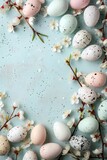 Fototapeta  - Happy Easter day frame background with eggs and empty copy space Generative Ai 