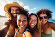 © Miro Nenchev - Group of friends having fun on beach, multiracial or diverse friends on vacation, Smiling people taking selfie on tropical island