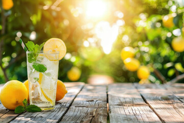 Wall Mural - Fresh lemonade with lemon, mint and ice on the wooden table top, sunny lemon tree orchard in the background, copy space
