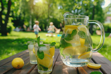 Wall Mural - Fresh homemade lemonade with lemon, mint and ice on the table in the garden, happy children playing in the background
