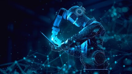 Aufkleber - A  image of a polygonal engineer holding a tablet and controlling a robotic arm and a robotic tool. An industrial technology concept is shown in dark blue.