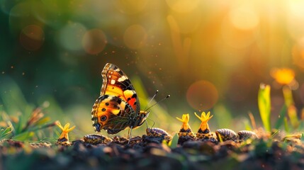 Poster - An image of a butterfly changing from a caterpillar to a butterfly, in a futuristic digital style. A concept for a successful startup, investment, or business transformation.