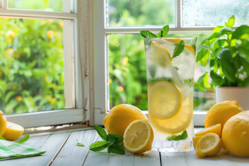 Wall Mural - Fresh homemade lemonade with lemon, mint and ice on the kitchen table next to the window