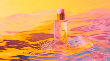 An aqua blue background is dominated by a pink-yellow serum for the skin.