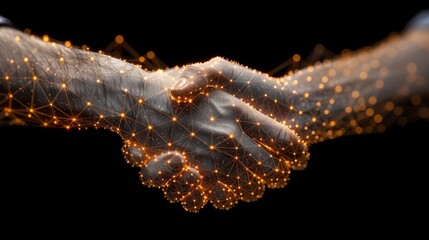 Aufkleber - A handshake with plexus lines in silhouette. Polygonal wireframe composition with gestural hands. Development symbol. Abstract illustration isolated on black background.
