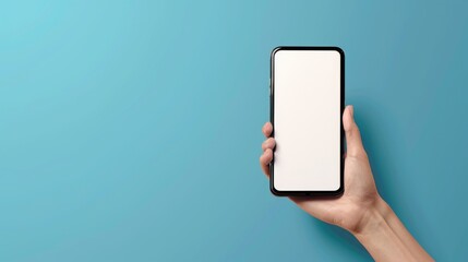 Wall Mural - A 3D hand holding a mobile phone with an empty screen, isolated on a blue background. Phone device mockup. Marketing time banner template. 3D rendering.