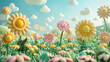 A field of flowers with clouds and a sky in the background, AI