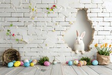 Large Hole In The Wall And Easter Decorations Around, Empty Copy Space Generative Ai 