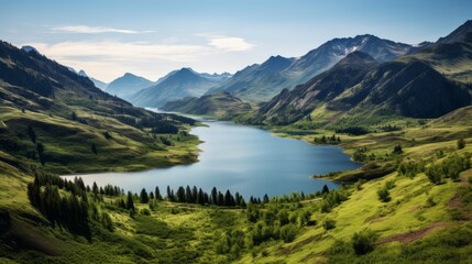 Wall Mural - A serene lake nestled in a mountainous landscape