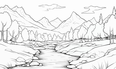 Sticker - Landscape with mountain river lake forest, outline drawing vector scenery panorama