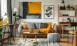 © Olha - The stylish boho interior of living room at nice apartment with gray sofa wooden desk bamboo shelf coffee table honey yellow pillows plants and elegant accessories