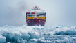 Colorful cargo ship braves the icy embrace of a polar region, surrounded by ice floes.
