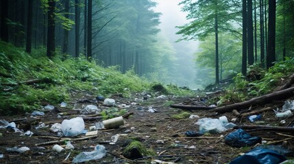 A serene forest scene spoiled by illegal dumping causing visual pollution