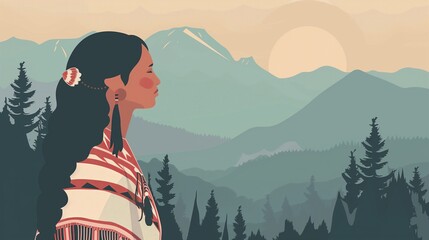 Sticker - Stylized Native American Woman with Mountain Landscape Illustration for Cultural Themes