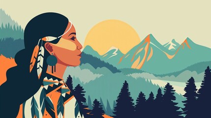 Sticker - Stylized Native American Woman with Mountain Landscape Illustration for Cultural Themes