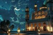 beautiful mosque image, crescent moon and islamic lantern with light 
