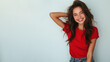 Brunette woman wear red t-shirt smile laugh out loud isolated