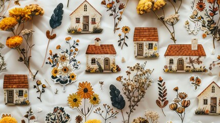 Wall Mural - A collection of a bunch of different flowers and houses, AI