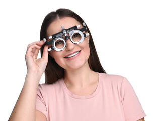 Sticker - Vision testing. Young woman with trial frame on white background