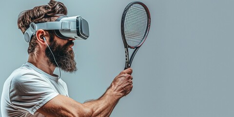 Man with beard in VR glasses, grey background. Hipster on concentrated face use modern technology for sport games. Virtual tennis concept. Guy with VR glasses play tennis with racket and ball.