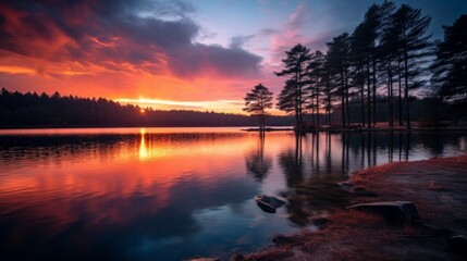 Wall Mural - Moody sunset over a tranquil lake