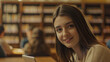 © VK Studio - Smiling young woman with a digital tablet in a cozy library setting.