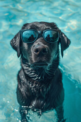 Wall Mural - Cute funny dog wearing sunglasses and floating in a swimming pool. Happy pet swim in ocean or sea, play in the water. Travel, summer vacation, holiday concept. Creative card or banner with copy space