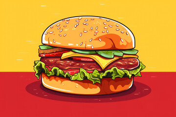 Wall Mural - Tasty Burger Illustration: Delicious Grilled Cheeseburger on Sesame Bun with Fresh Lettuce, Tomato, Onion, and Cheese, served on a Cartoon Background.