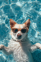 Wall Mural - Cute funny dog wearing sunglasses and floating in a swimming pool. Happy pet swim in ocean or sea, play in the water. Travel, summer vacation, holiday concept. Creative card or banner with copy space